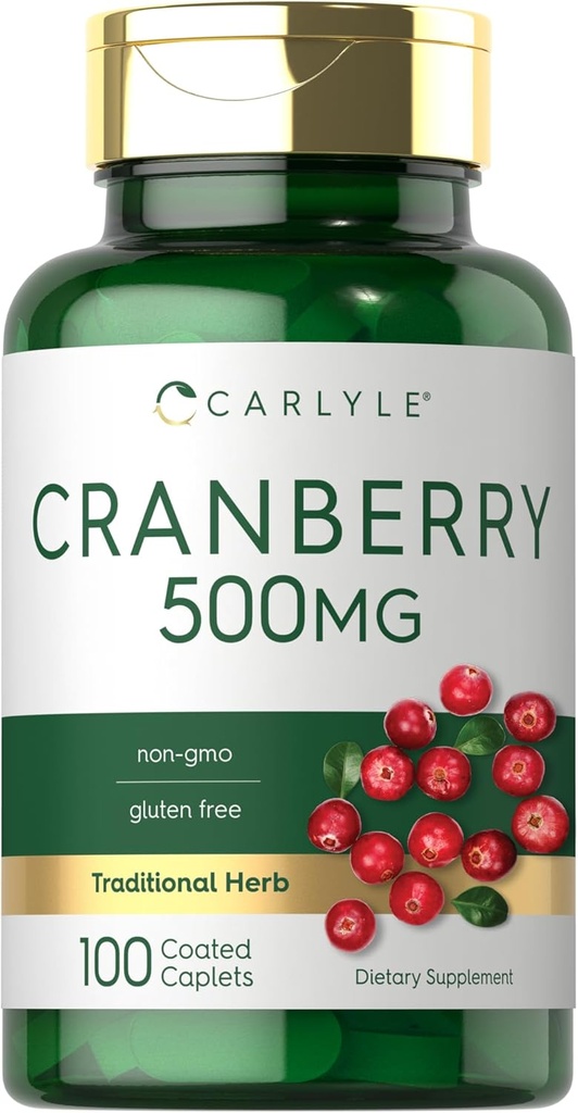 Pilules de canneberge Carlyle: 500mg: 100 Caplets, Supplément sans gluten pour les femmes et les hommes