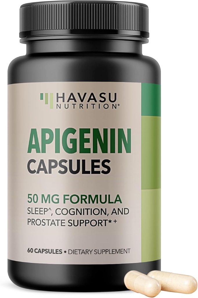 Apigenin Capsules 50mg - 60 Comte, Végétalien, Non-OGM, Supplément Sleep & Cognitive Support - Camomille Flavonoïde pour la relaxation, la santé de la prostate, sans mélatonine, formule liposomique pour l'absorption accrue