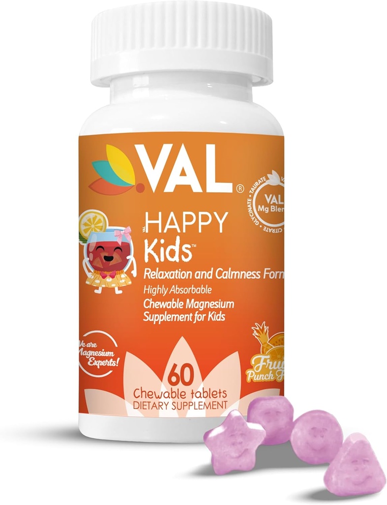 Magnésium VAL pour les enfants de haute absorption Magnésium pour calme, relaxation et focus de Mg Glycinate, Citrate et Taurate de vitamine B6, D & C de D & C de 60 comprimés à croquer