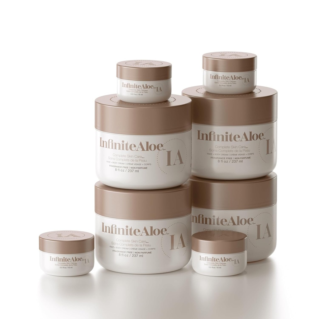 InfiniteAloe soin complet de la peau, Aloe Vera visage et crème corporelle alimentés pour le soulagement de la peau sèche, sans fragrance - 4 grand pot 8 oz et 4 pot de voyage 0,5 oz