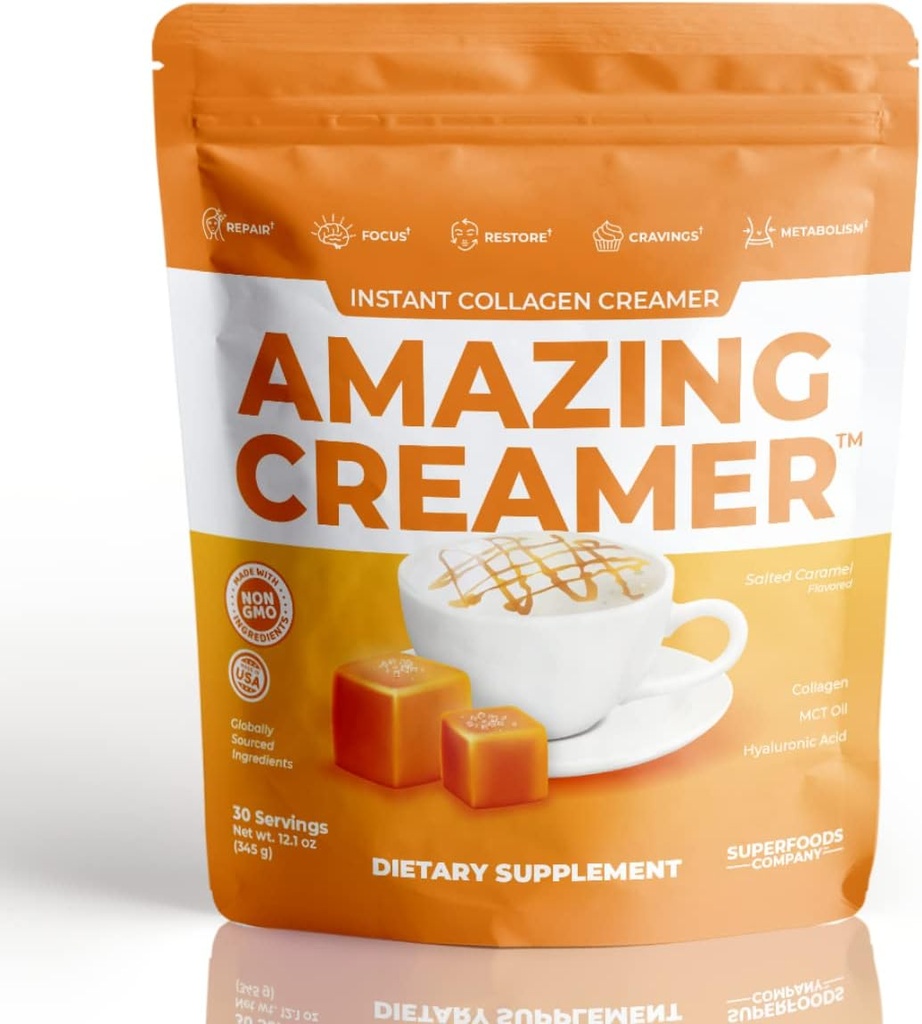 Superfoods Company Amazing Creamer with Collagen - Keto Creamer-Hyaluronique Acid & MCT Oil - Brain Boost & Curbs Cravings - Soutient la peau et les cheveux sains - Diet-friendly [30 portions] [Caramel salé]
