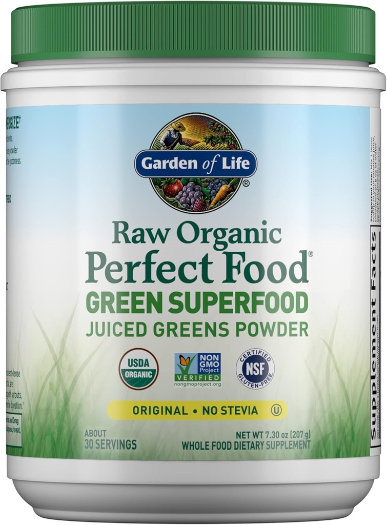 Garden of Life Raw Organic Perfect Food Green Superfood Juiced Greens Poudre - Original Stevia-Free, 30 portions, non-OGM, sans gluten complément alimentaire entier, alcaliniser, détoxifier, énergétiquer