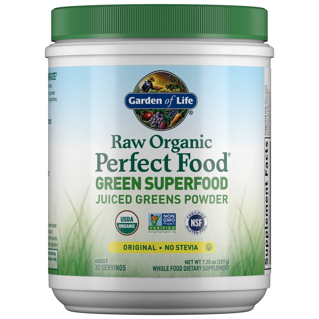 Garden of Life Raw Organic Perfect Food Green Superfood Juiced Greens Poudre - Original Stevia-Free, 30 portions, non-OGM, sans gluten complément alimentaire entier, alcaliniser, détoxifier, énergétiquer