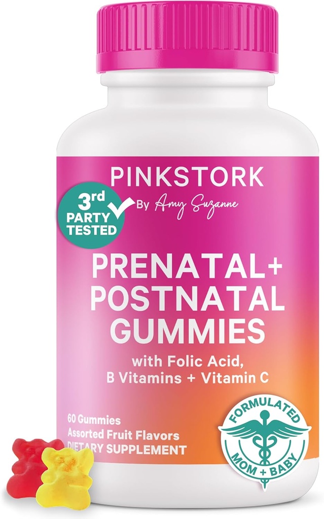 Fécondité de la Storque Rose + Vitamines Gommy prénatales + Vitamines Gommy postnatales – Soutien à la maternité complète – Multivitamines avec folate, vitamine B, zinc et biotine – 60 Gommies de fruits assorties