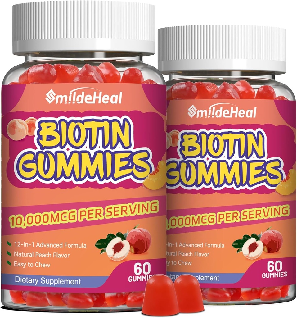 2 Pack Gommies Biotine pour la croissance des cheveux 10000 mcg, Peau de cheveux et ongles Gommy avec acide folique, Vitamines A, B, C, E & D, Vitamines Biotine Vegan pour les femmes et les hommes, 120 Gommies