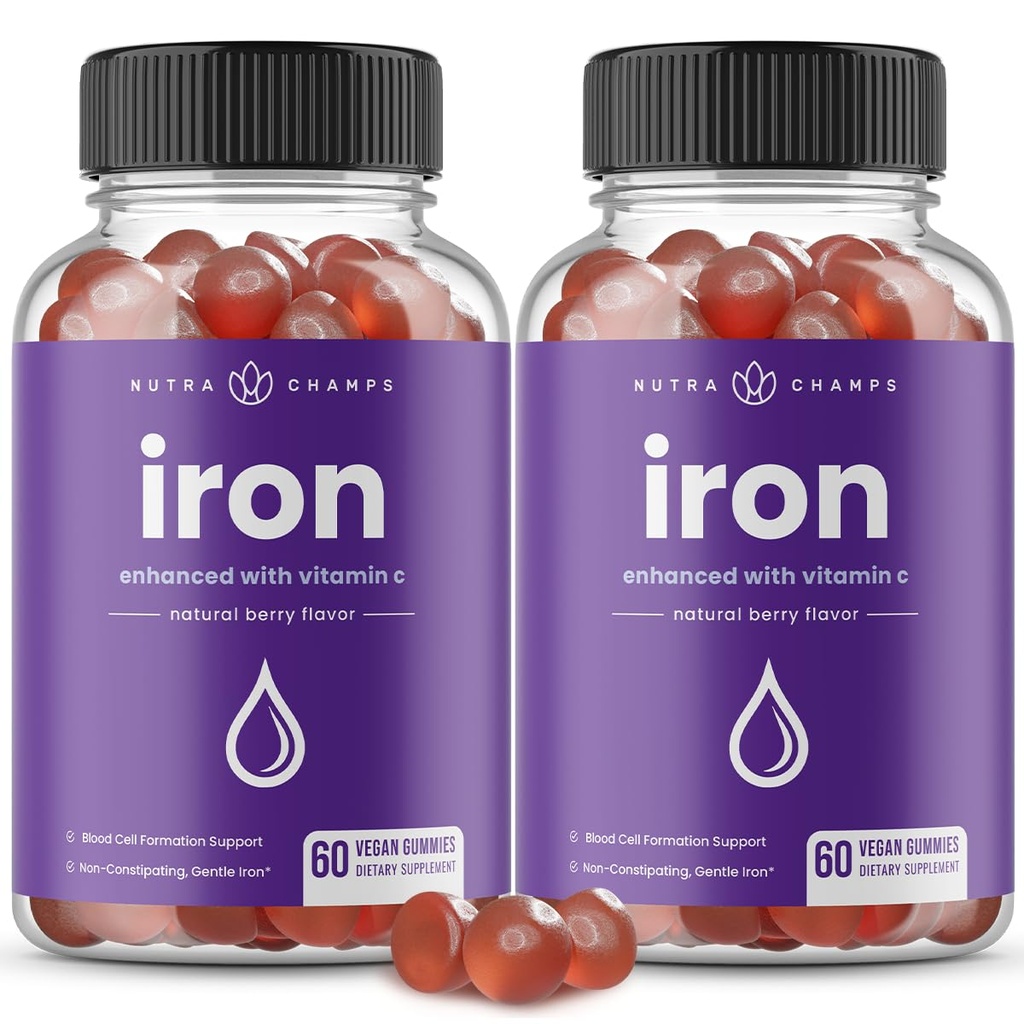 NutraChamps Gommies de Fer avec Vitamine C, 20mg Soutien de la formation de cellules sanguines de fer, 120 Gommies pour la carence en fer et l'anémie, Énergie, Focus, Immune Boost Pack de 2