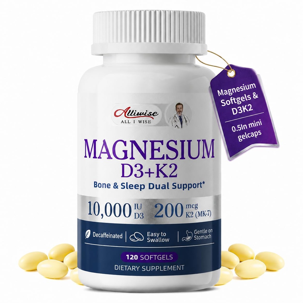 Magnésium Glycinate 400mg Softgels,Small, Capsules lisses, Doucement sur l'estomac, avec Vitamine D3 & K2 pour le sommeil, Relax, Muscle, Santé osseuse