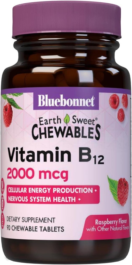 BlueBonnet Nutrition Terre Vitamine sucrée B12 2000 mcg Comprimés à mâcher, sans soja, sans gluten, certifié Casher, sans lait, végétalien, aromatisé aux framboises, 90 comprimés à mâcher, 90 portions