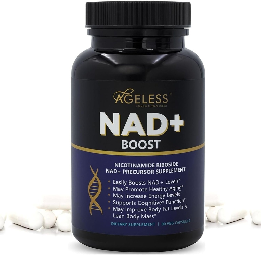 Ageless NAD+ Supplements for Women & Men | 300mg Nicotinamide Riboside Chloride | Dietary Supplement for Anti-Aging | Supports Energy, Focus, Stamina, Fat Metabolism & Cognitive Function – 90 Capsules