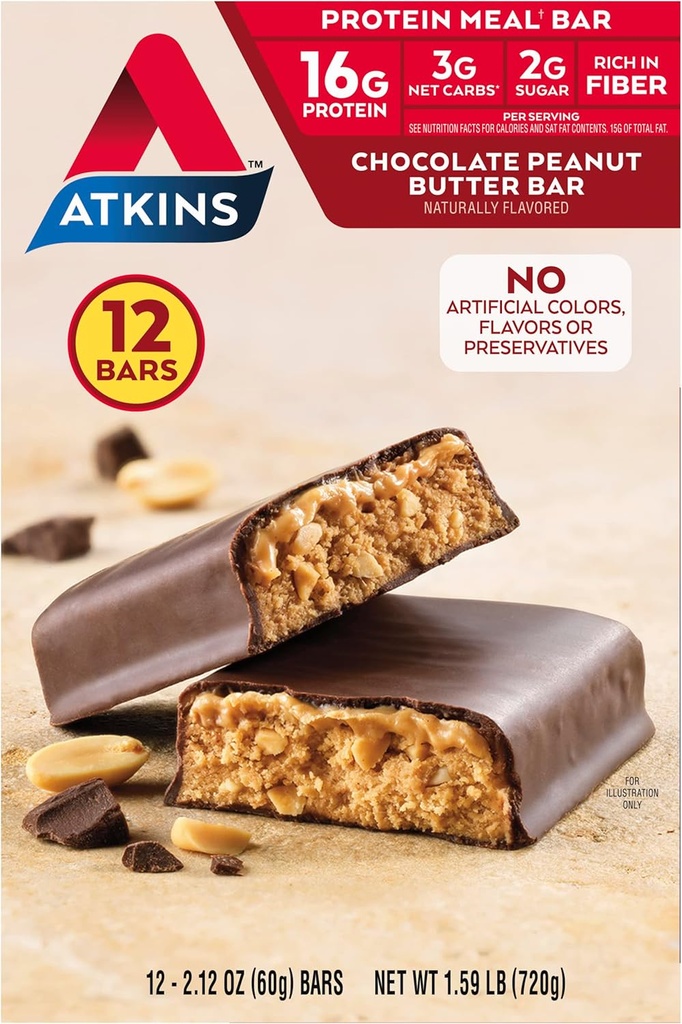 Bar à farine de beurre d'arachide au chocolat Atkins, haute fibre, 16g de protéines, faible teneur en sucre, 3g de glucides nets, faible teneur en glucides, Keto Friendly, 12 Compte