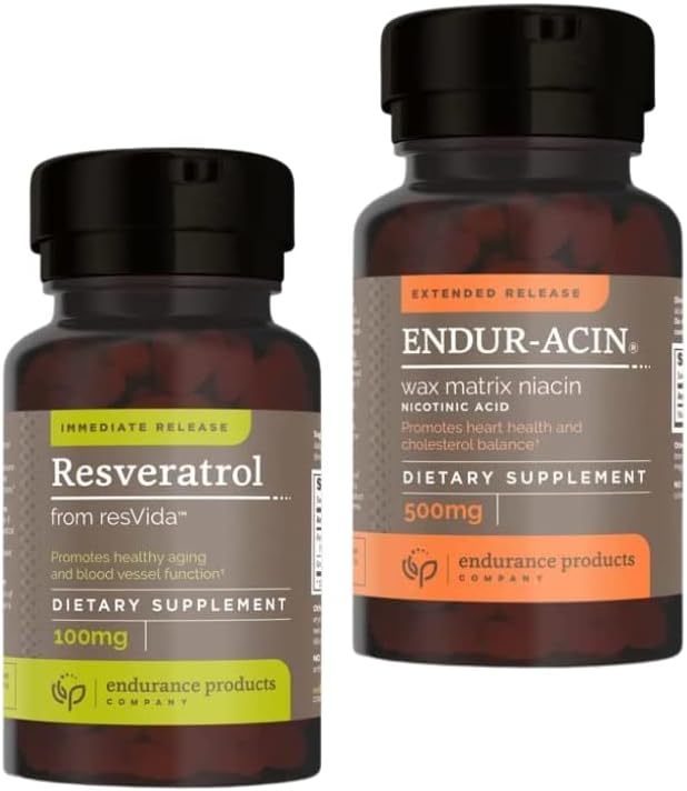 Endurance Products Resveratrol Supplement – Extrait de peau de raisin - 100mg Trans-Resveratrol Antioxydant et Niacine ENDUR-ACIN - Vitamine B3 Niacine 500mg Libération prolongée et faible teneur en alcool