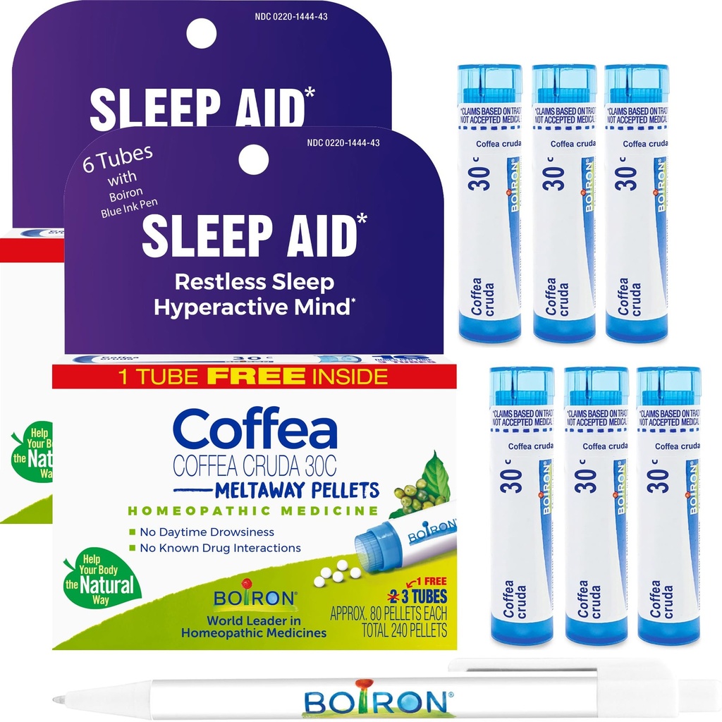 Boiron Coffea Cruda 30C - 6 Total Blue Tubes - Aide homéopathique au sommeil pour le sommeil sans repos, l'hyperactivité mentale, pensées de course, et difficulté à dormir avec stylo encre bleue