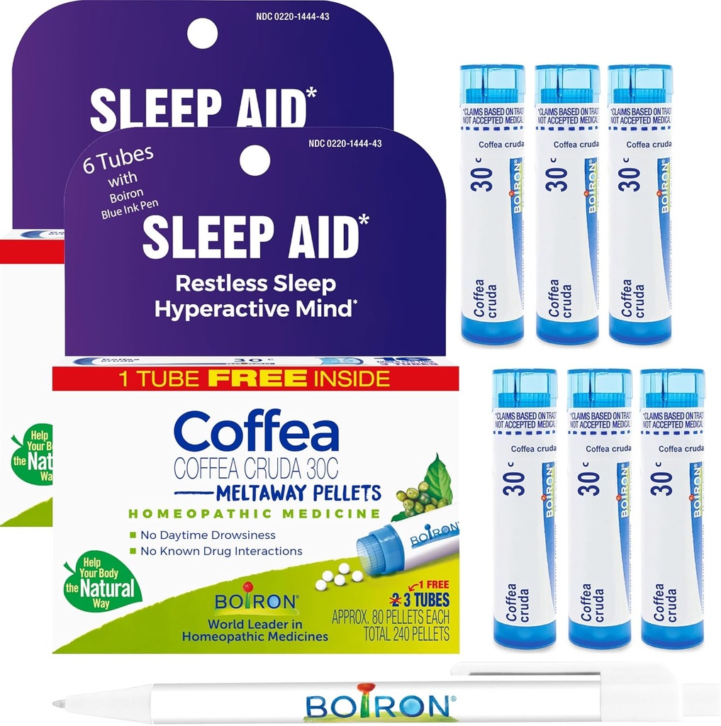 Boiron Coffea Cruda 30C - 6 Total Blue Tubes - Aide homéopathique au sommeil pour le sommeil sans repos, l'hyperactivité mentale, pensées de course, et difficulté à dormir avec stylo encre bleue
