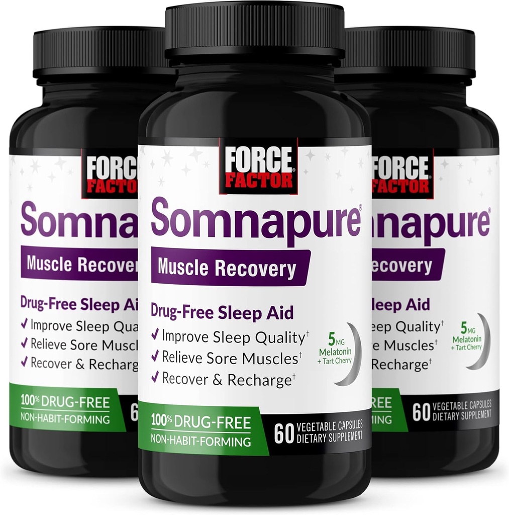 FACTEUR DE FORCE Somnapure Recovery Muscle Aide au sommeil pour les adultes avec la mélatonine 5mg, Saint Basilic et L-Theanine, Supplément pour le soutien du sommeil, soulagement de la douleur musculaire, et récupération des muscles, 180capsules, 3-pack