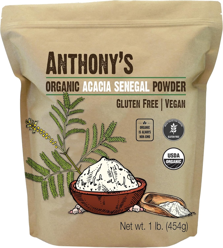 Anthony's Organic Acacia Senegal poudre, 1 lb, lot testé sans gluten, non OGM, fibre soluble, prébiotique