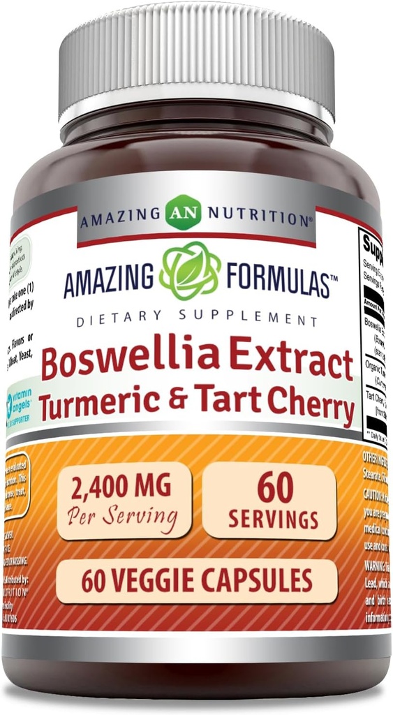 Formules étonnantes Boswellia Extract Turmeric et Tart Cherry Supplement $ 2400 Mg par service $ 60 Capsules de légumes $ Non-GMO $ Sans gluten $ Fabriqué aux États-Unis