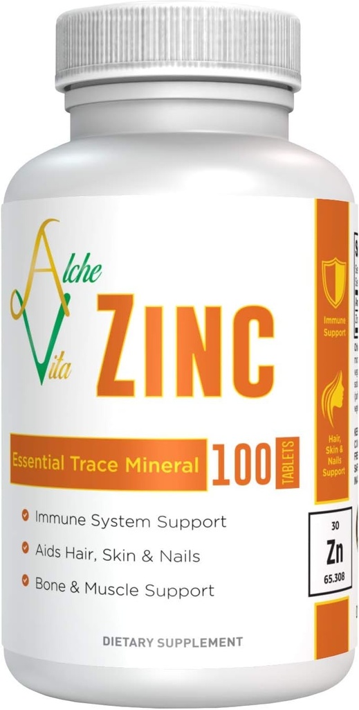 AlcheVita Zinc 50mg – Haute biodisponibilité – Trace minéral essentiel – Supplément pour le support immunitaire, os, peau et muscles