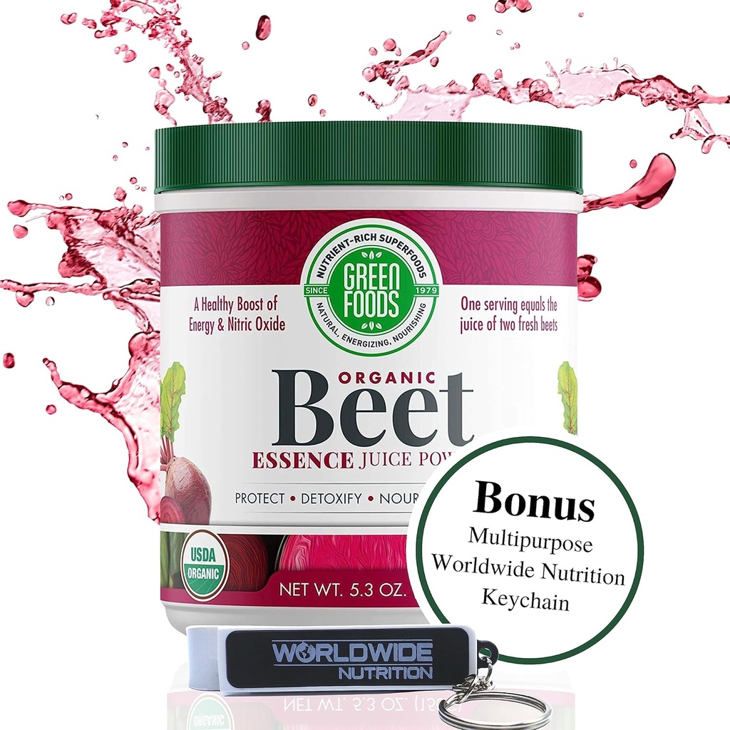 Green Foods - Poudre de jus d'essence de betterave biologique- Oxyde nitrique Super Food, Antioxydant alimentaire entier, Énergie naturelle, Endurance, Detox, 5,3oz (30 portions) avec la chaîne-clé Bonus