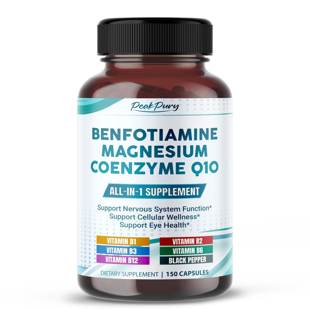 Benfotiamine avec Magnésium & Coenzyme Q10 - Soutient la santé Nerve, le bien-être cellulaire et la santé des yeux - Fabriqué aux États-Unis- 150 capsules
