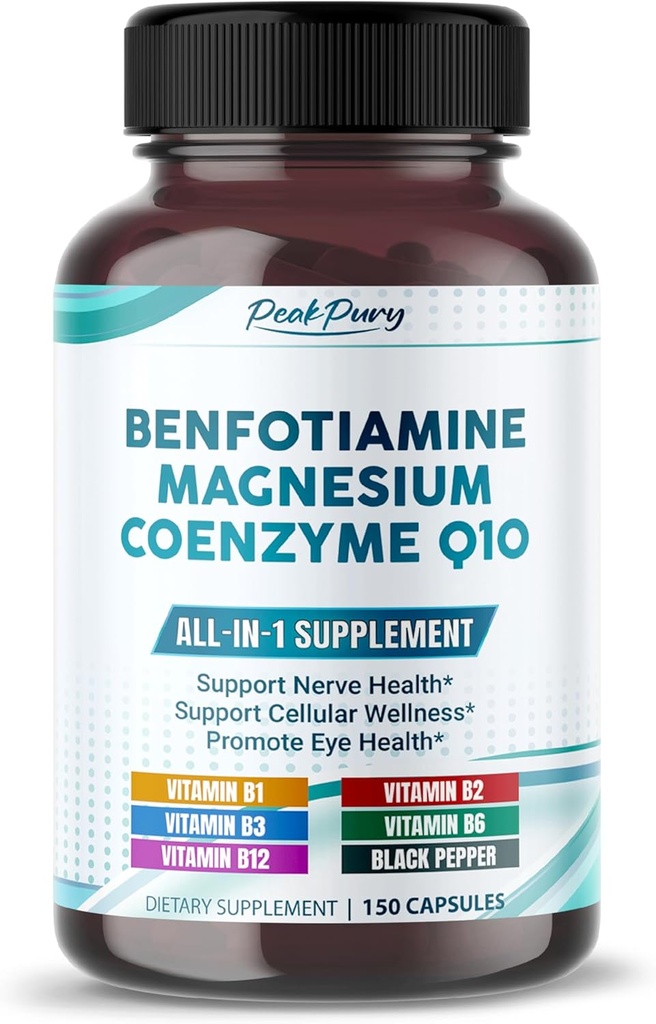 Benfotiamine avec Magnésium & Coenzyme Q10 - Soutient la santé Nerve, le bien-être cellulaire et la santé des yeux - Fabriqué aux États-Unis- 150 capsules