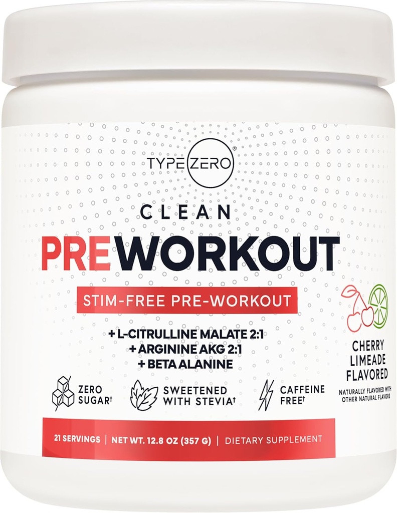 Type Zero Ultra Clean Stim Free Pompe Préentraînement + Booster à oxyde nitrique (Cherry Limeade) - Non stimulant et sans caféine pour les hommes et les femmes