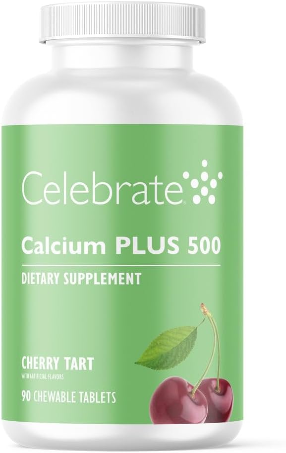 Célébrez les vitamines Calcium Plus - 500mg Citrate de calcium, 333 UI Vitamine D3 et 34mg Magnésium pour la chirurgie bariatrique - Sans gluten et sans sucre - Cerise, 90 comprimés à croquer
