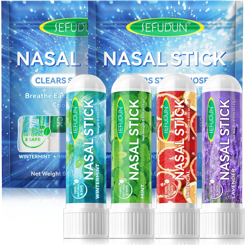 8PCS Nasal Stick,Nasal Inhaler Stick,Inhaler Nasal Stick pour Sinus Relief & Vertigo Relief,Aromatherapy Inhaler fait avec des huiles essentielles+Menthol (Mint,Wintermint, Tropical,Lavande)