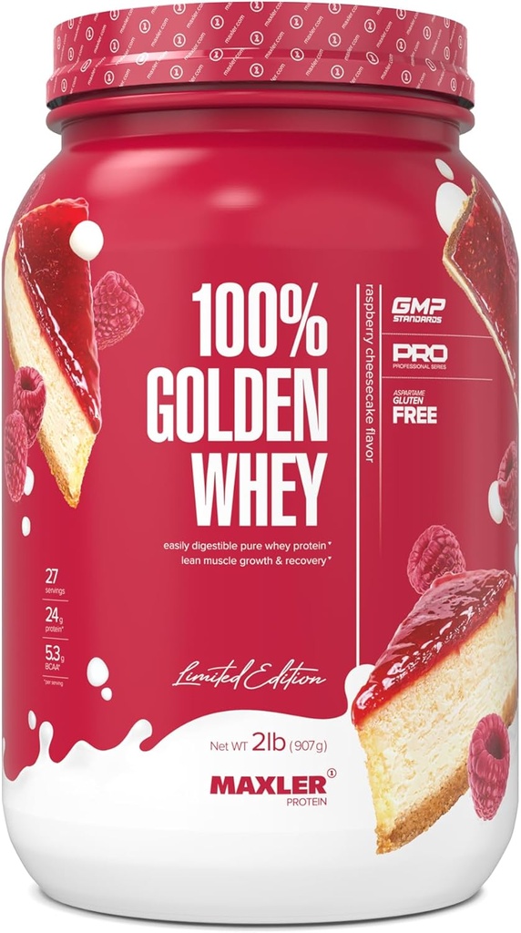 Maxler 100% Golden Whey Protein - 24g of Protein per Serving - Premium Whey Protein Powder for Pre Post Workout - Fast-Absorbing Whey Concentrate Isolate Hydrolysate Blend - Raspberry Cheesecake 2 lb