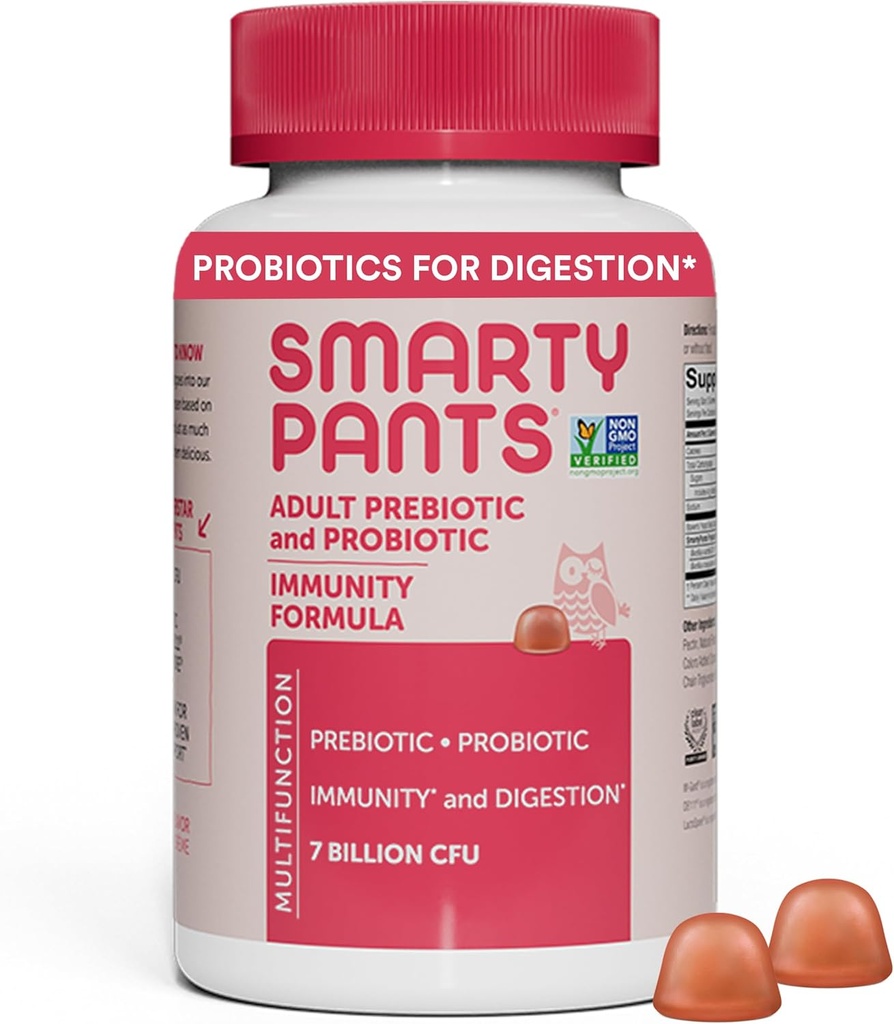 SmartyPants Probiotiques adultes et gommies prébiotiques pour la santé digestive: Supplément santé de Gut, Prébiotique étudié cliniquement pour le soutien immunitaire, fraise, 60 comte (30 jours d'approvisionnement)