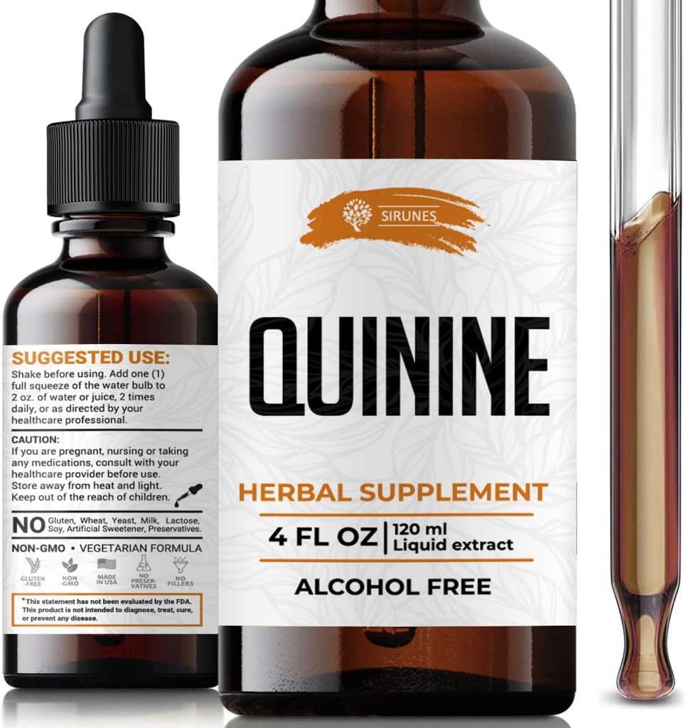SIRUNES Extrait de teinture de quinine Quinine séchée Bark supplément à base de plantes Quinine Immune System Support Cinchona Bark gouttes liquides Alcool et sans gluten-4 fl Oz
