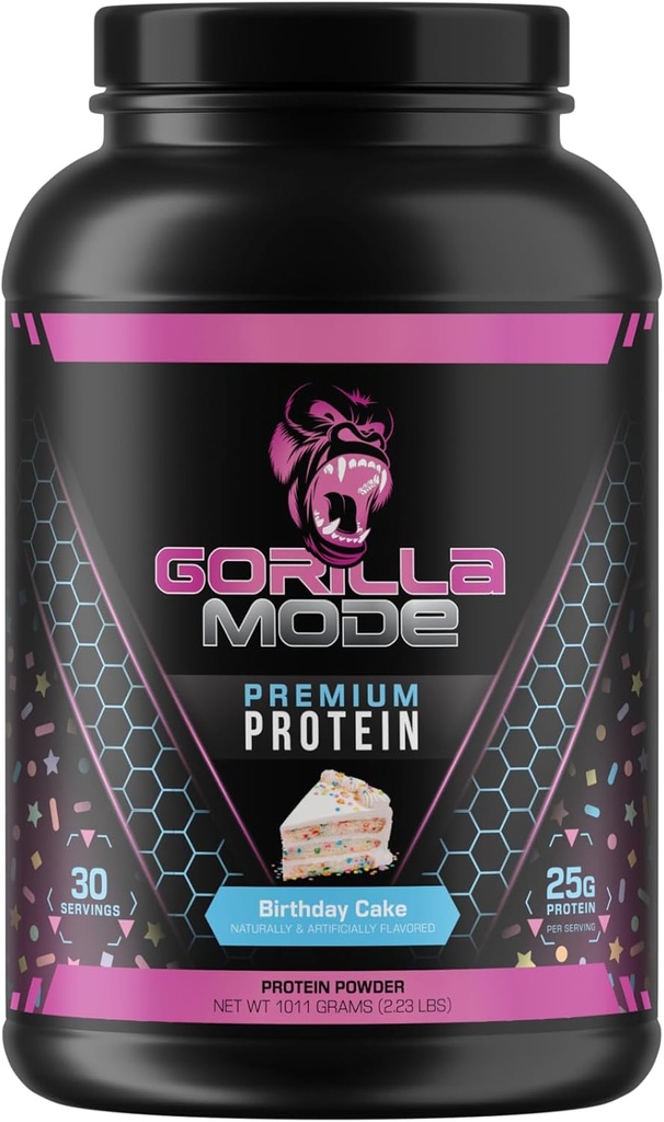 Gorilla Mind Premium Whey Protein - Cake d'anniversaire, 25 Grams de Whey Protein Isolate & Concentrate,Recover and Build Muscle (30 portions)