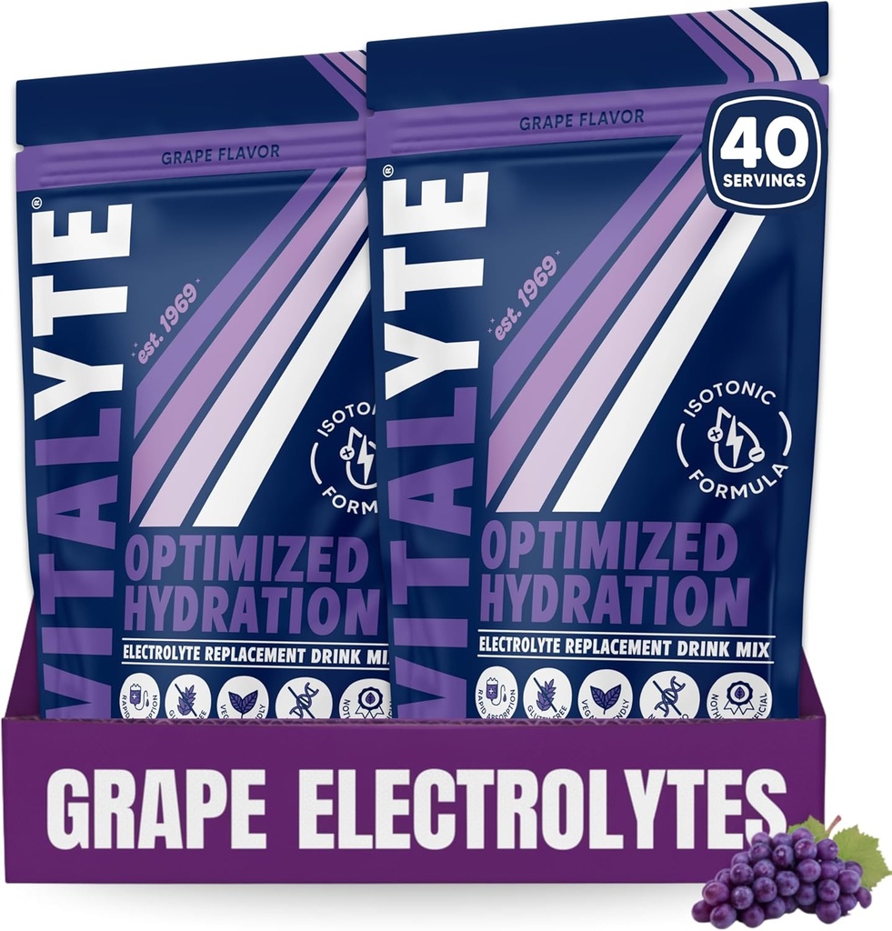 Mélange de poudre d'électrolyte de Vitalyte, mélange d'hydrolyte isotonique, mélange de poudre de post-entraînement sans gluten, boîte de 2, 35 oz. Chacun, goût de raisin