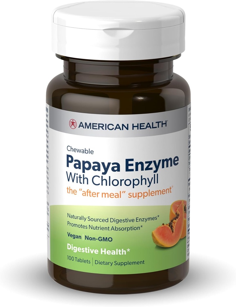 American Health Papaya Enzyme with Chlorophyll - 100 Chewable Tablets - Promotes Nutrient Absorption - Non-GMO, Vegan, Gluten Free - 33 Servings