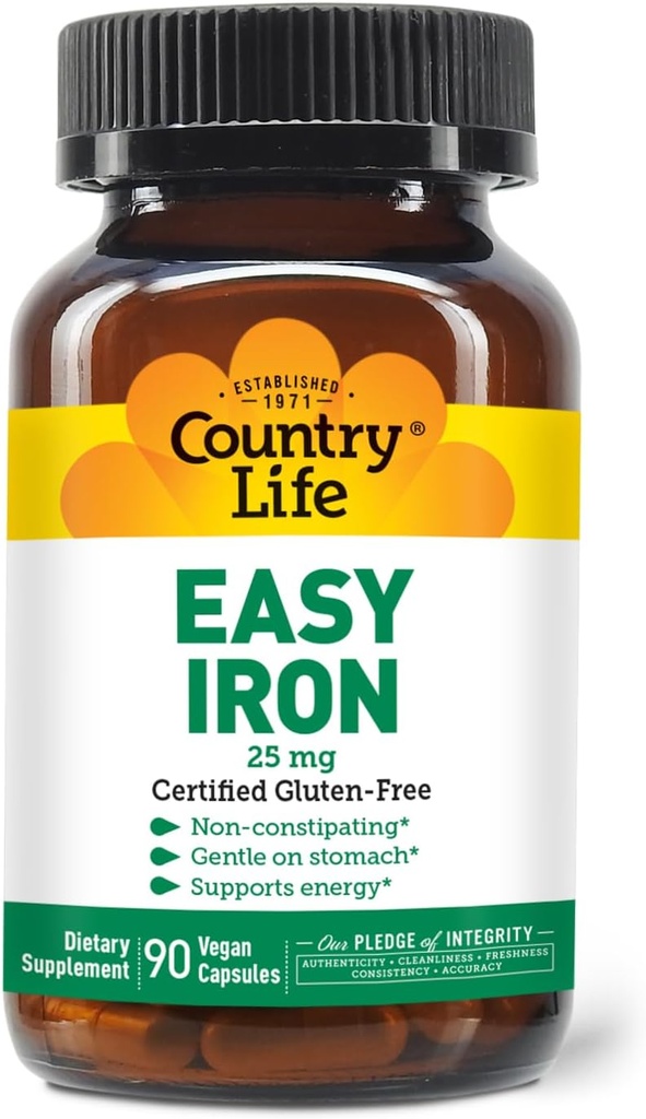 Country Life Easy Fer 25mg Capsules - Ferrochel doux non constipant - Supplément Vitamine Vegan pour les femmes et les hommes - soutient l'énergie corporelle