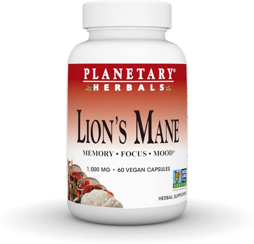 Planétaires Herbals Lion's Mane, pour Mémoire, Focus et Mood*, 1000 mg - 60 Capsules Vegan