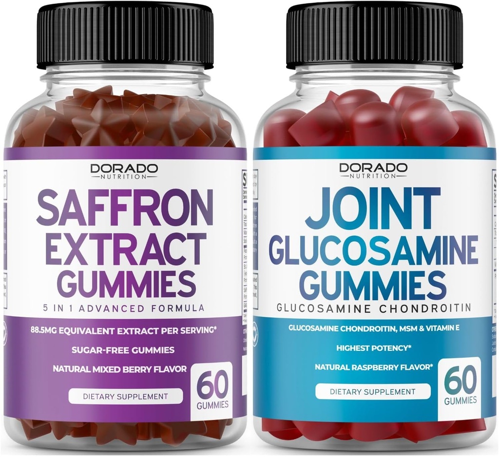 Saffron (60 Gummies) Premium 5 en 1 Formule avancée - Delicious Raspberry Flavor and Glucosamine Chondroïtine Joint Supplément (60 Comte) Suppléments pour les hommes et les femmes - Vegan Safe & Made in USA