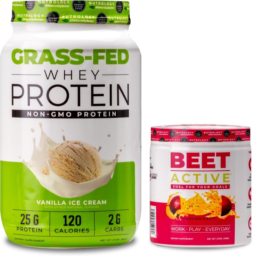 Nutrologie Poudre de protéines de lactosérum de l'herbe, soutient la récupération musculaire maigre et la performance, crème glacée de vanille (28 portions) Beet active, poudre naturelle pré-entraînement, saveur de fruits de passion (