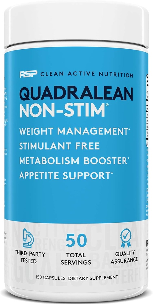 RSP Nutrition QuadraLean - Stimulant Gestion du poids libre, Booster de métabolisme, énergie et soutien de l'appétit - CLA, L-Carnitine, extrait de thé vert, formule non-Stim, 50 portions (paquetage mai Vary)