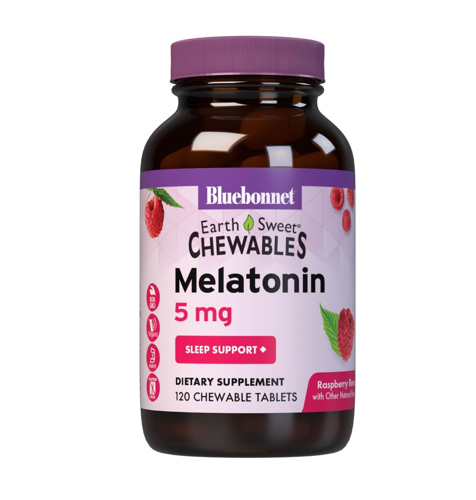 Bluebonnet Nutrition TerreMélatonine sucrée 5 mg à action rapide Dissoudre rapidement la nuit Relaxation et repos du sommeil - Aide au sommeil - Sans gluten, végétalien - Arôme framboise - 120 comprimés à croquer