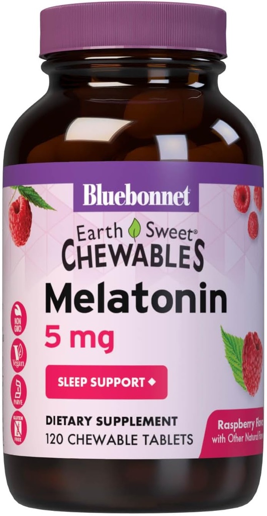 Bluebonnet Nutrition TerreMélatonine sucrée 5 mg à action rapide Dissoudre rapidement la nuit Relaxation et repos du sommeil - Aide au sommeil - Sans gluten, végétalien - Arôme framboise - 120 comprimés à croquer