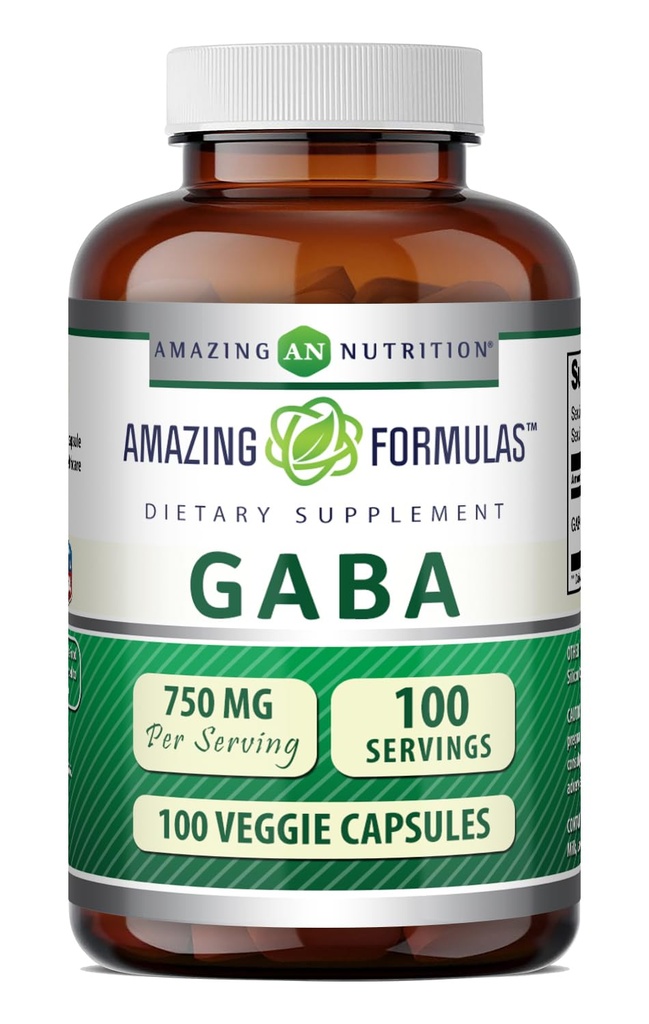Amazing Formulas GABA Supplement | 750 Mg per Serving | 100 Veggie Capsules | Non-GMO | Gluten-Free | Made in USA | Ideal for Vegetarians