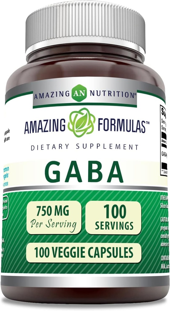 Formules étonnantes Supplément GABA $ 750 Mg par service $ 100 Capsules de légumes $ Non-GMO $ Sans gluten $ Fabriqué aux États-Unis $ Idéal pour les végétariens