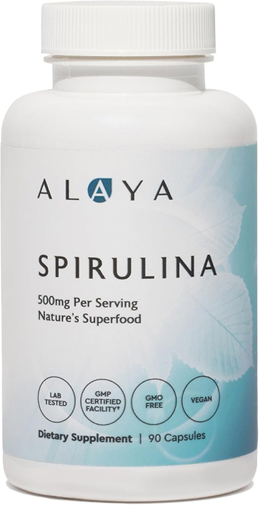 Alaya Naturals - Capsules de Spiruline Pure - Fabriqué avec Earthrise Spiruline, Blue Green Algae Superfood - Non-OGM & Vegan - 500 mg, 90 Capsules