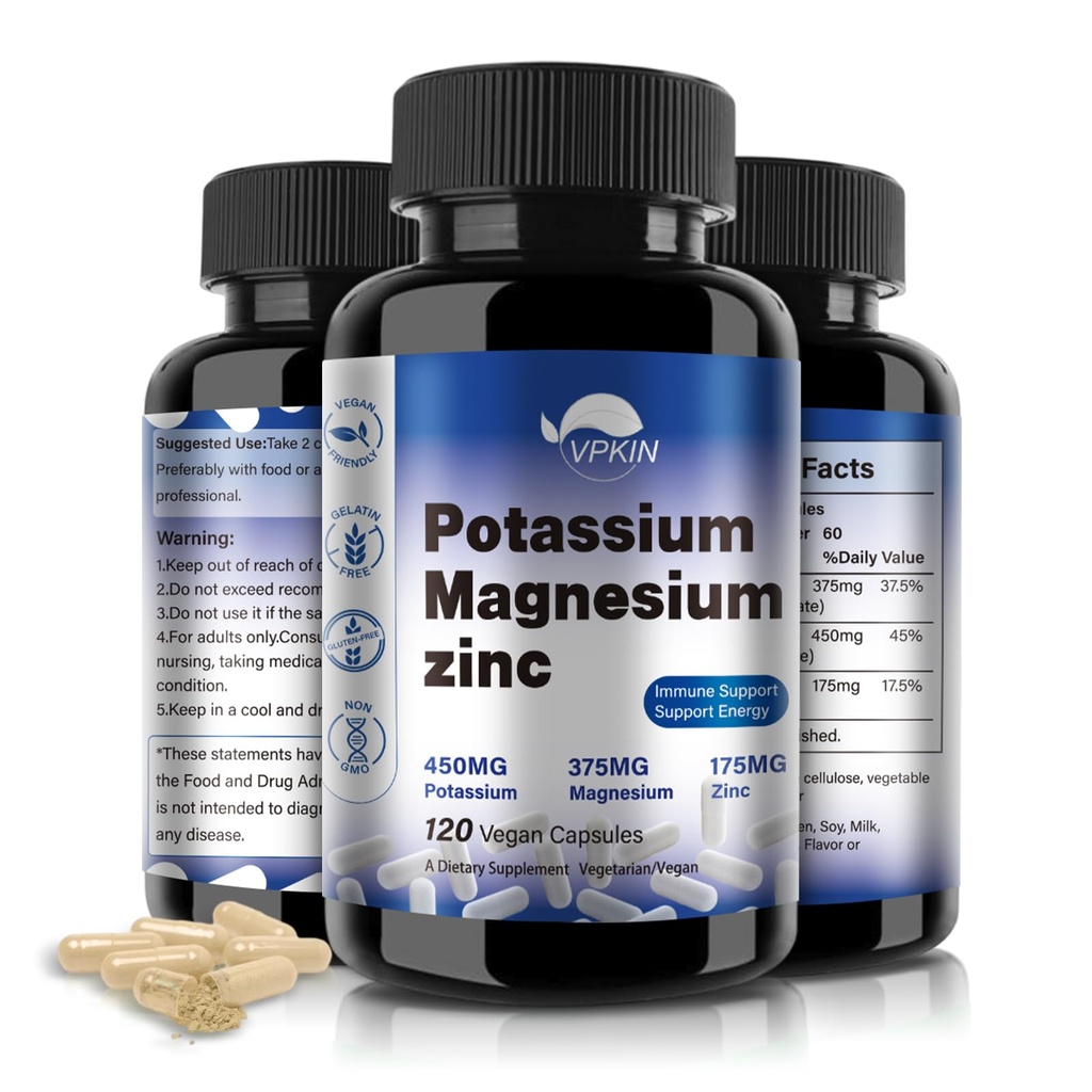 Supplément de magnésium de potassium 1000mg, soutien de l'aspartate de zinc de magnésium vasculaire, os, coeur, muscle et la santé nerveuse, non-OGM, végétalien, (120 capsules)