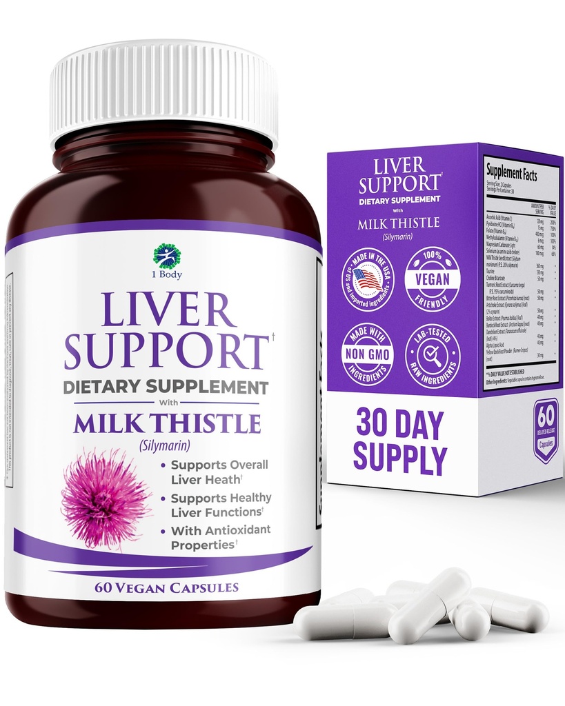 Soutien du foie - Supplément de désintoxication et de nettoyage (végétarien) - Formule avancée de santé naturelle du foie qui combine le chardon de lait, le sélénium, le curcumine curcuma, la vitamine B12, la vitamine C, l'acide alphalipoïque, l'acétylcystéine N, le magnésium, la taurine et plus - 30 jours
