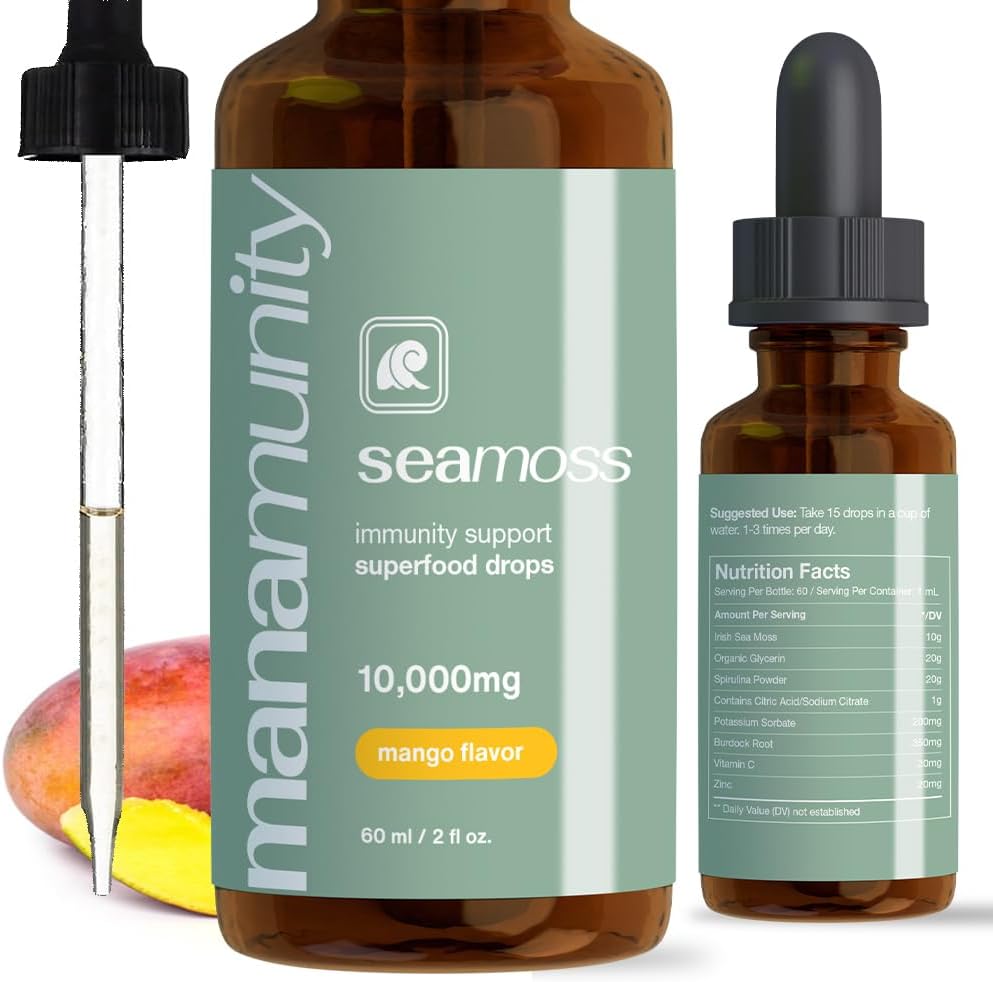 Sea Moss Liquid Drops 10 000 mg Bio Irish Sea Moss Gel avec 350 mg Burdock Root Supplément & 20 000 mg Spirulina Immmune Support, Joint & Thyroïde Support - Vegan (Mango)