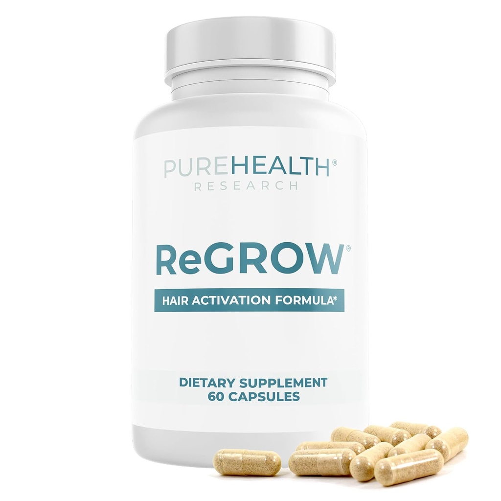 PUREHEALTH RECHERCHE ReGrow - Vitamines de croissance des cheveux - avec Saw Palmetto, Biotine, Collagène, Zinc, Fer, Iodine, Sélénium et plus - Suppléments capillaires pour les femmes et les hommes - 60 Capsules