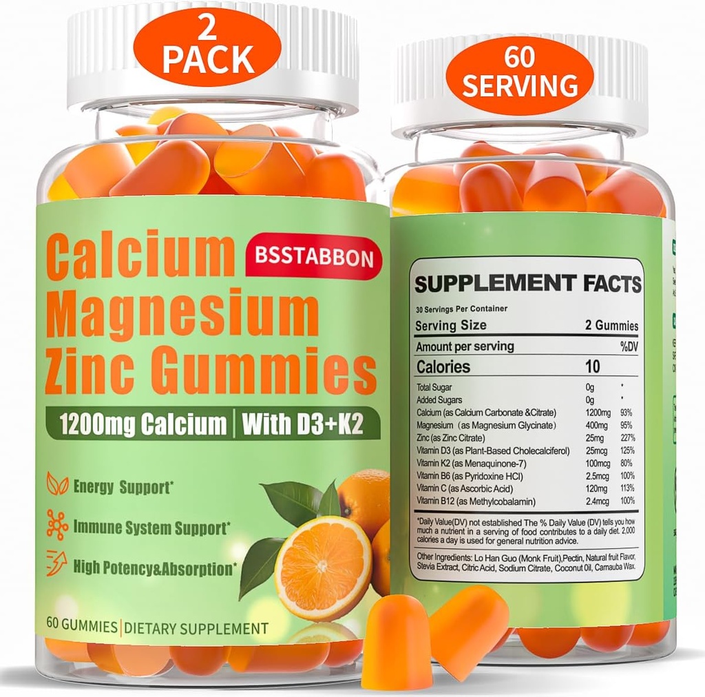 Calcium Magnésium Zinc Gommies pour Adulte: 1200mg Calcium Citrate 400mg Magnésium Glycinate avec D3 B12 - Supplément sans sucre haute absorption pour les femmes hommes (60 comte(paquet de 2))