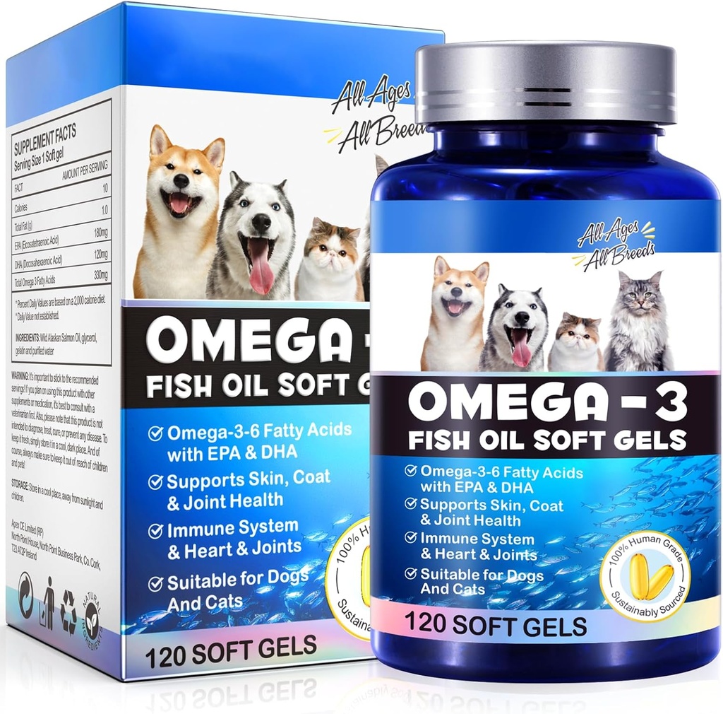 Omega-3 Huile de poisson pour chiens, Omega 3 Huile de poisson avec l'EPA et DHA soutient les chiens Allergies saisonnières Relief, Boosts fonction immunitaire, Démangeaison de la peau et de promouvoir la santé du manteau, suppléments pour animaux - 120 gels doux