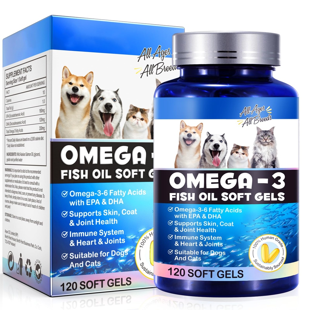 Omega-3 Huile de poisson pour chiens, Omega 3 Huile de poisson avec l'EPA et DHA soutient les chiens Allergies saisonnières Relief, Boosts fonction immunitaire, Démangeaison de la peau et de promouvoir la santé du manteau, suppléments pour animaux - 120 gels doux